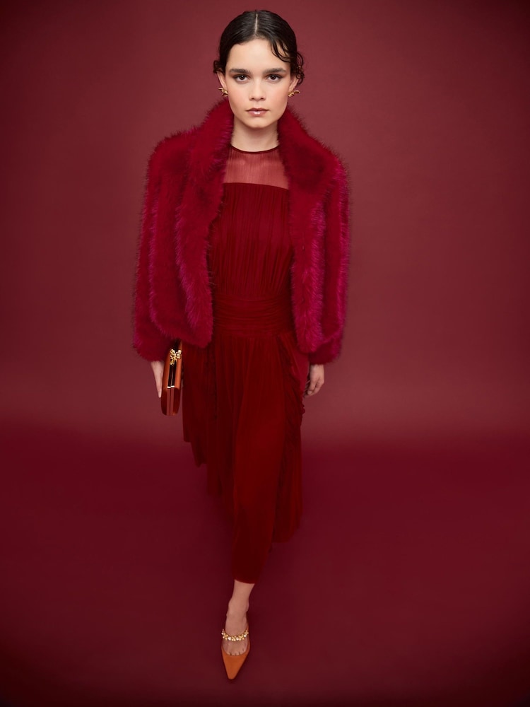 LK Bennett Red Noah Rio Plain Faux Fur Cropped Jacket - Image 2 of 4 LK Bennett Red Noah Rio Plain Faux Fur Cropped Jacket - Image 2 of 4