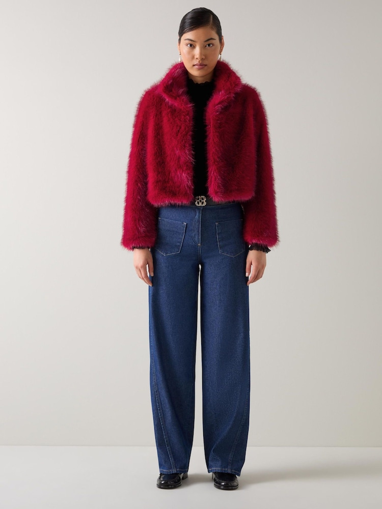 LK Bennett Red Noah Rio Plain Faux Fur Cropped Jacket - Image 4 of 4 LK Bennett Red Noah Rio Plain Faux Fur Cropped Jacket - Image 4 of 4