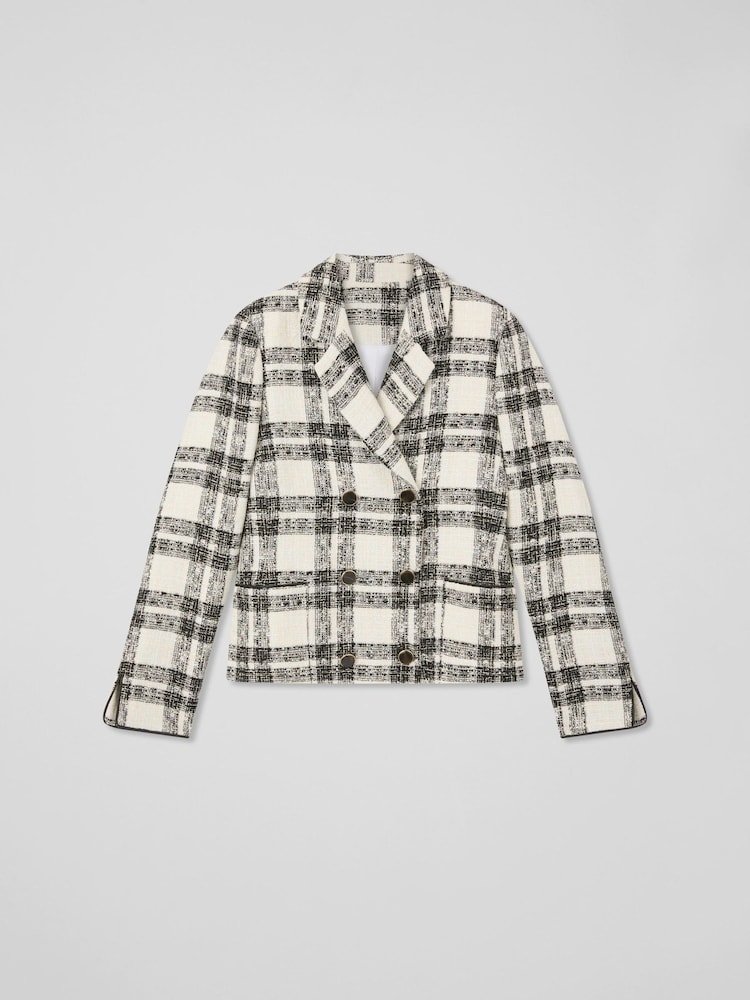 LK Bennett Black Clarisse Mono Check Cotton Double-Breasted Jacket - Image 1 of 1 LK Bennett Black Clarisse Mono Check Cotton Double-Breasted Jacket - Image 1 of 1