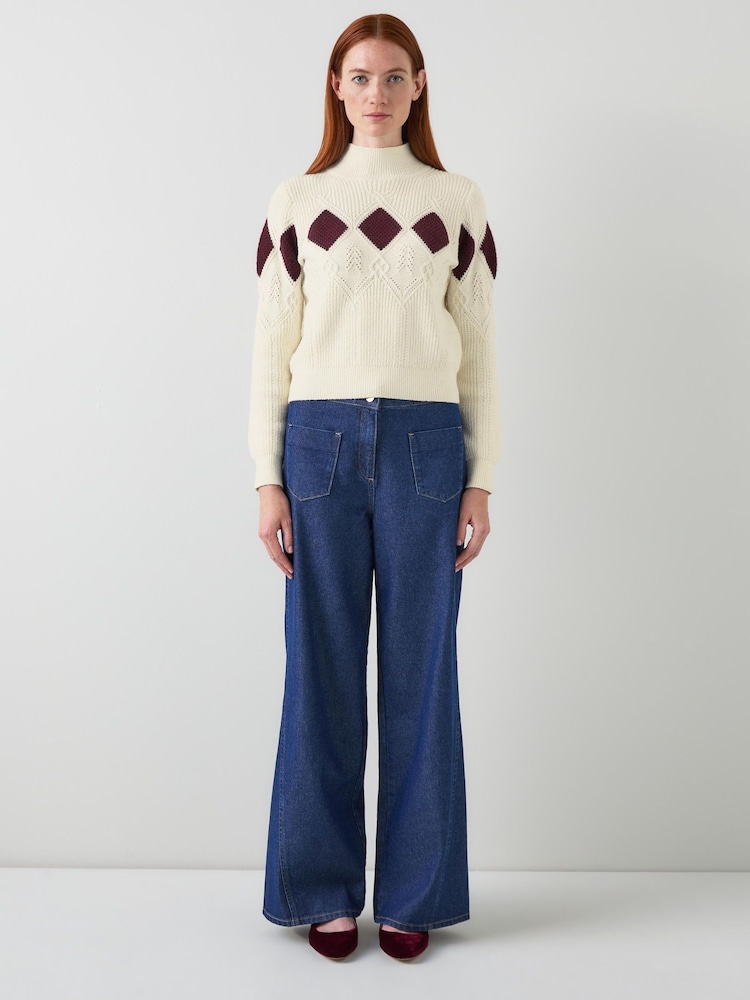 LK Bennett Cream Meera Argyle Print Pointelle Sweater - Image 2 of 4 LK Bennett Cream Meera Argyle Print Pointelle Sweater - Image 2 of 4