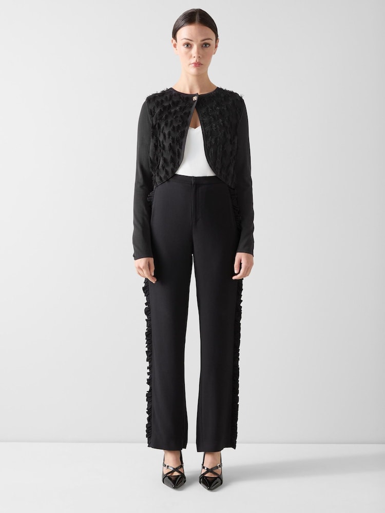 LK Bennett Cream Allegra Birch Fringe Collarless Jacket With Tie Neck - Image 1 of 4