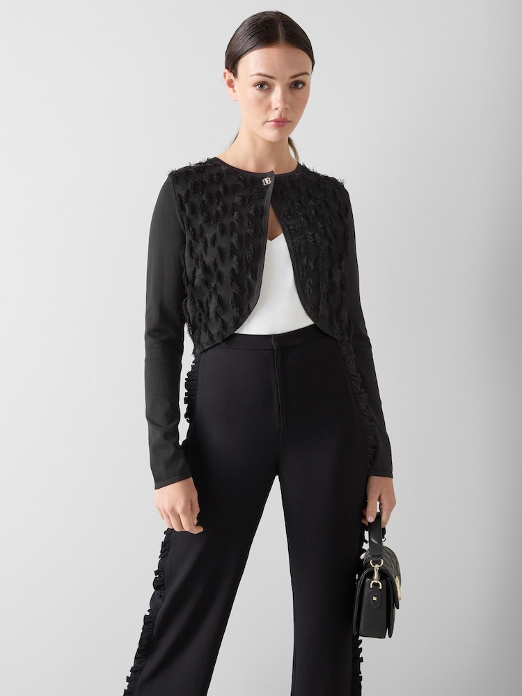 LK Bennett Cream Allegra Birch Fringe Collarless Jacket With Tie Neck - Image 2 of 4