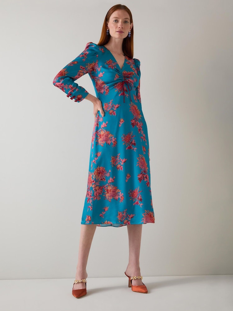 LK Bennett Blue Celeste Teal Floral Satin Dress - Image 1 of 5 LK Bennett Blue Celeste Teal Floral Satin Dress - Image 1 of 5