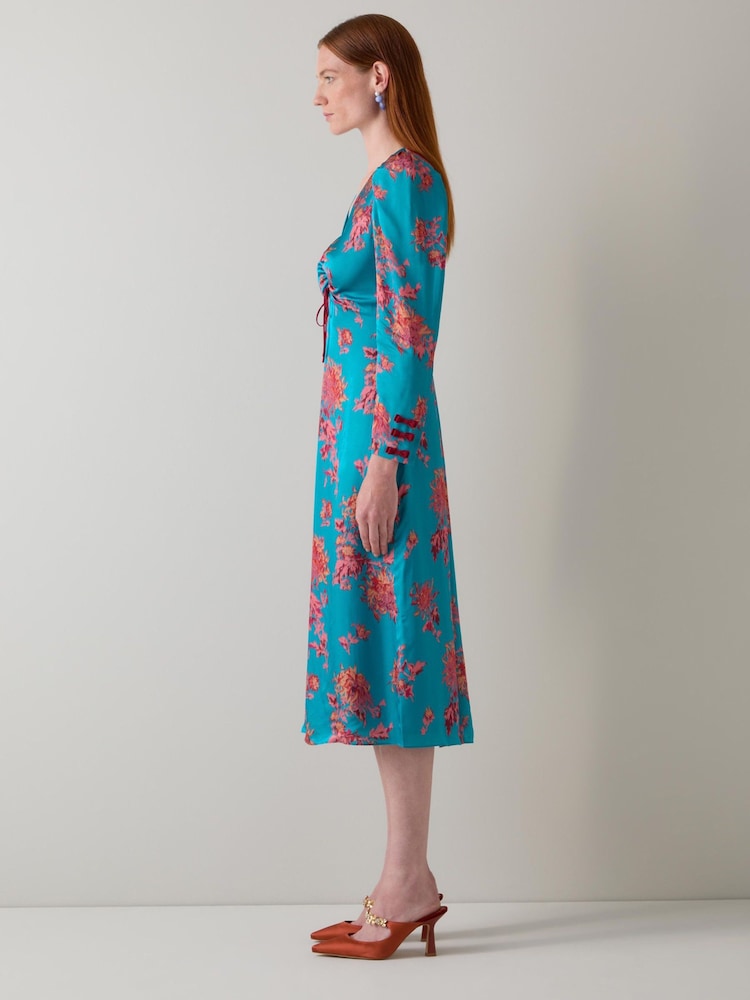 LK Bennett Blue Celeste Teal Floral Satin Dress - Image 2 of 5 LK Bennett Blue Celeste Teal Floral Satin Dress - Image 2 of 5