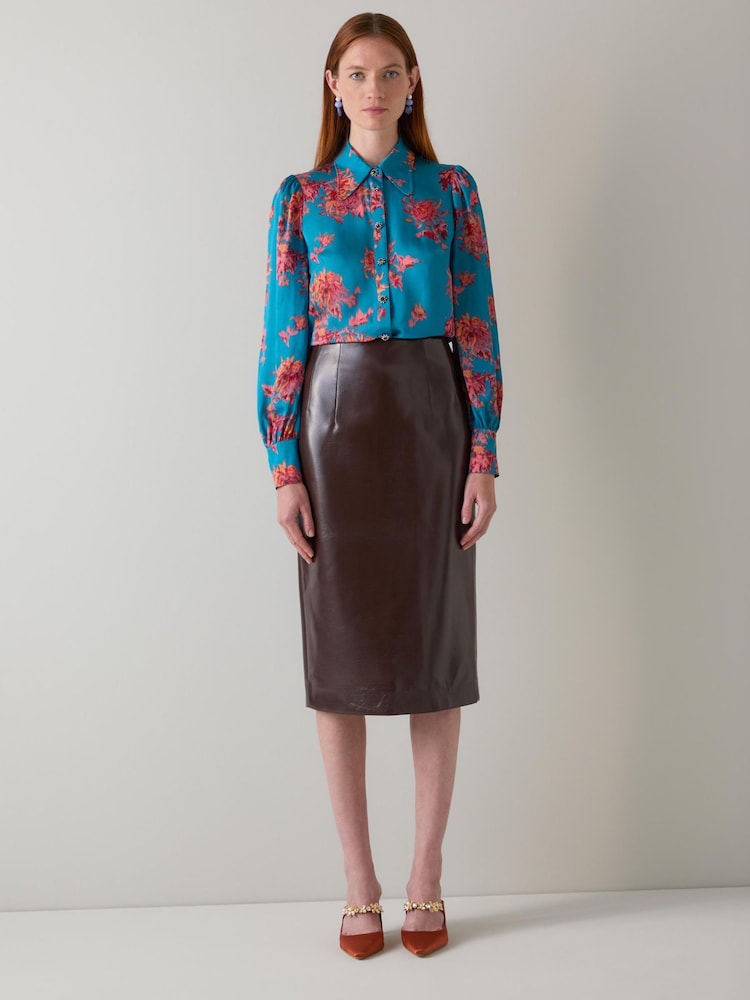 LK Bennett Blue Lkb In House Ikat Floral Viscose Silk Blouse With Jewel Buttons - Image 1 of 3 LK Bennett Blue Lkb In House Ikat Floral Viscose Silk Blouse With Jewel Buttons - Image 1 of 3