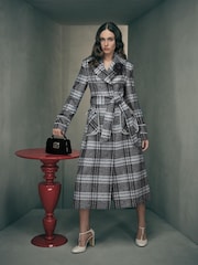 LK Bennett Black Myra Mono Large Cheque Wool Wrap Coat With Pearl Trims - Image 1 of 4