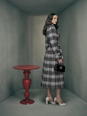 LK Bennett Black Myra Mono Large Cheque Wool Wrap Coat With Pearl Trims - Image 2 of 4