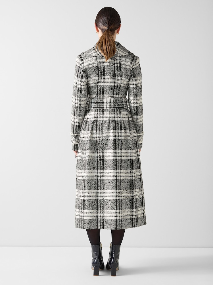 LK Bennett Black Myra Mono Large Cheque Wool Wrap Coat With Pearl Trims - Image 4 of 4