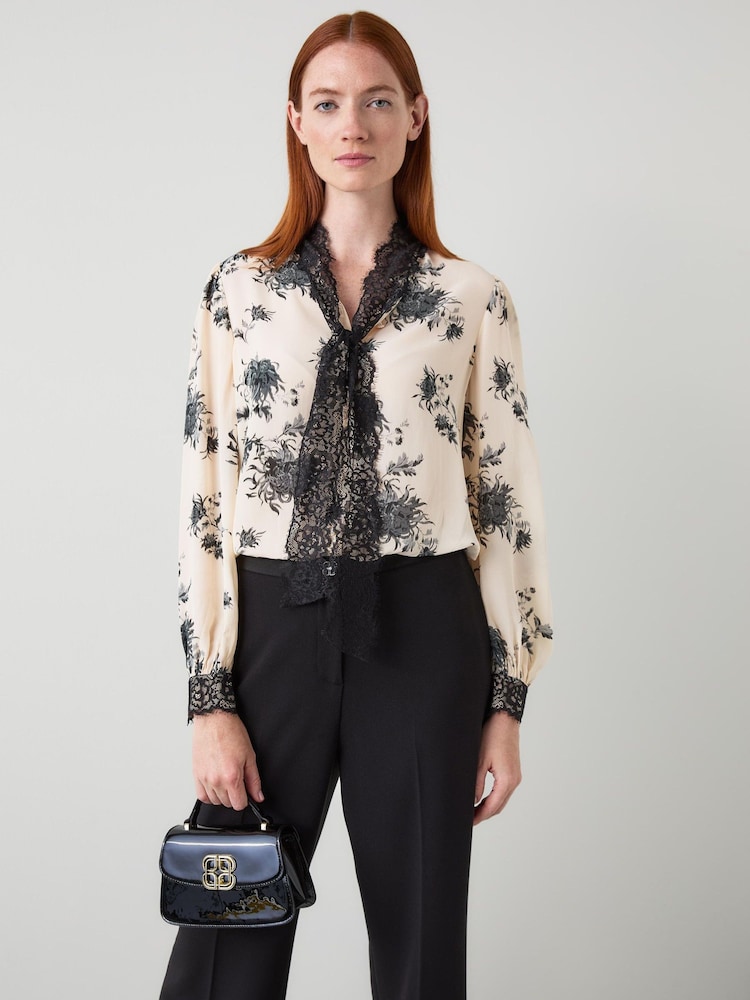 LK Bennett Black Violetta Floral Blouse Viscose Silk & Lace Trim Bow Neck Tie - Image 2 of 4 LK Bennett Black Violetta Floral Blouse Viscose Silk & Lace Trim Bow Neck Tie - Image 2 of 4