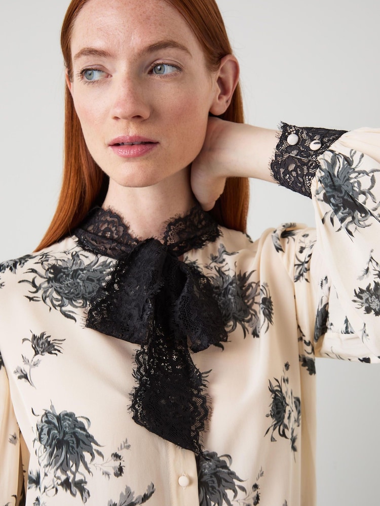 LK Bennett Black Violetta Floral Blouse Viscose Silk & Lace Trim Bow Neck Tie - Image 4 of 4 LK Bennett Black Violetta Floral Blouse Viscose Silk & Lace Trim Bow Neck Tie - Image 4 of 4