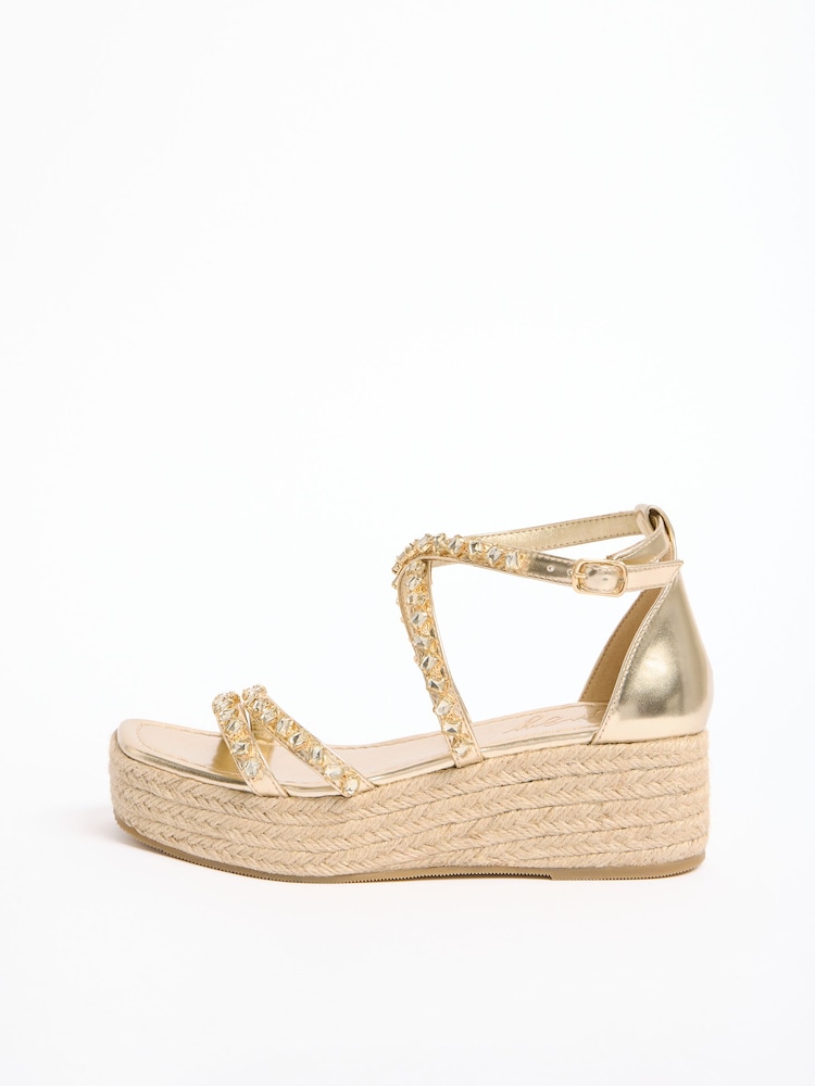 Lipsy Gold Diamante Embellished Asymetric Strap Flatform Mid Heel Summer Wedges - Image 5 of 5