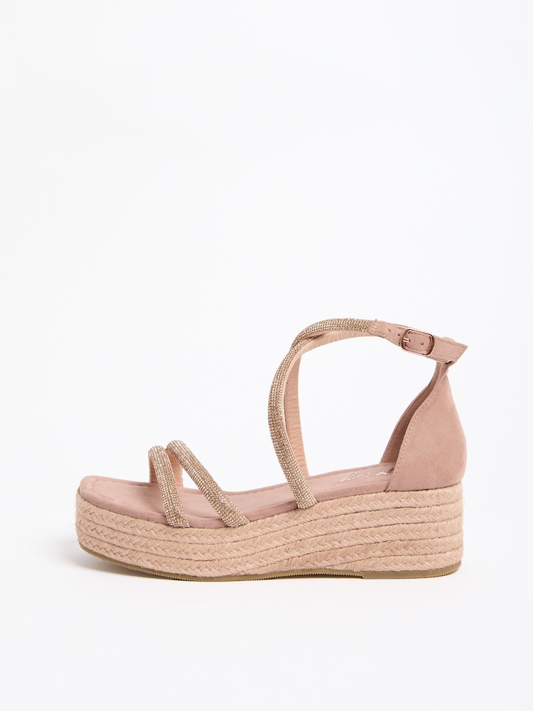Lipsy Pink Diamante Embellished Asymetric Strap Flatform Mid Heel Summer Wedges - Image 5 of 5