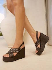 Lipsy Chocolate Brown Cross Strap Gem Embellished High Heel Wedge Summer Sandals - Image 1 of 4