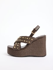 Lipsy Chocolate Brown Gold Dome Stud Cross Strap High Heel Wedge Summer Sandals - Image 5 of 5
