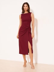 Lipsy Burgundy Red Side Knot Detail Twist Shoulder Bodycon Midi Dress - Image 1 of 4