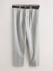 Light Grey Texture Regular Fit Smart Linen Cotton Blend Belted Trousers - Image 1 of 9