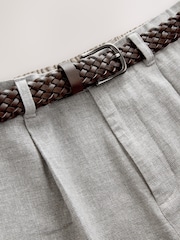 Light Grey Texture Regular Fit Smart Linen Cotton Blend Belted Trousers - Image 4 of 9