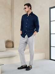 Light Grey Texture Regular Fit Smart Linen Cotton Blend Belted Trousers - Image 6 of 9