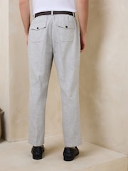 Light Grey Texture Regular Fit Smart Linen Cotton Blend Belted Trousers - Image 7 of 9