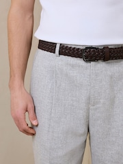 Light Grey Texture Regular Fit Smart Linen Cotton Blend Belted Trousers - Image 8 of 9