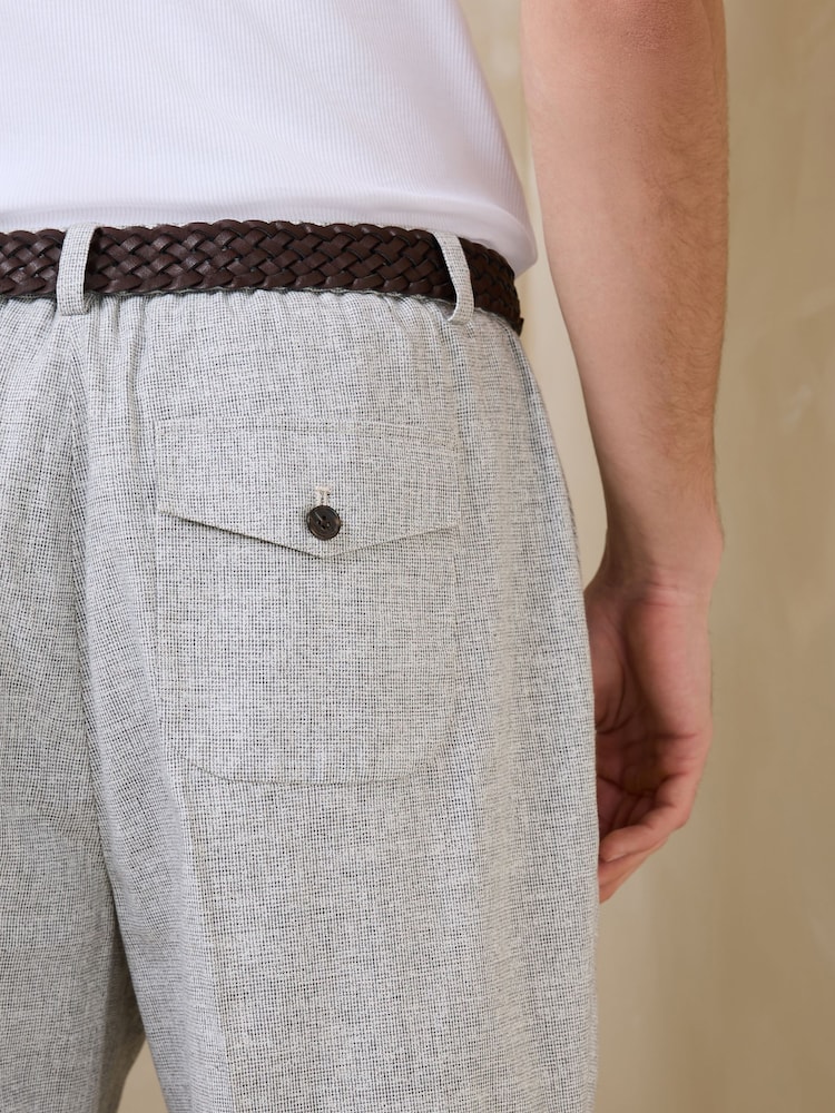 Light Grey Texture Regular Fit Smart Linen Cotton Blend Belted Trousers - Image 9 of 9