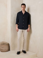 Ecru Slim Fit Striped Linen Trousers - Image 3 of 9