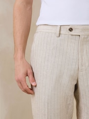 Ecru Slim Fit Striped Linen Trousers - Image 4 of 9