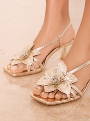 Lipsy Gold Floral Corsage Detail Summer Heeled Sandals - Image 3 of 4