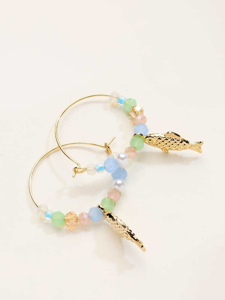 FatFace Gold Tone Fish Beaded Hoops - Image 3 of 3