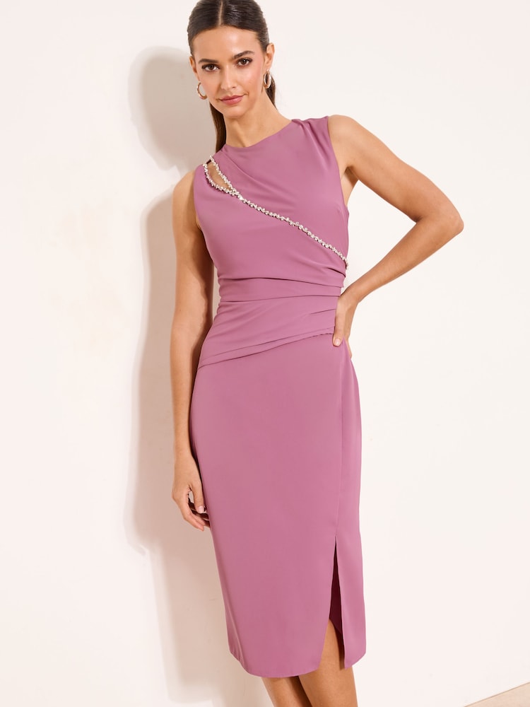 Lipsy Pink Petite Diamante Detail Side Split Hem Midi Dress - Image 1 of 4