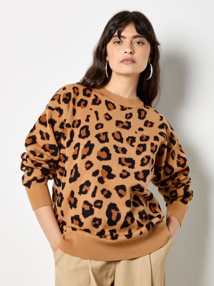 Apricot Natural Leopard Full Knit Jumper - Image 1 of 4 Apricot Natural Leopard Full Knit Jumper - Image 1 of 4