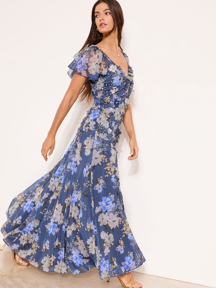 Lipsy Navy Floral Print Flutter Mesh Sleeve Sequin Fit And Flare Maxi Dress - Image 1 of 4