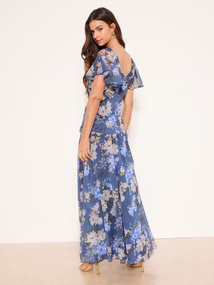 Lipsy Navy Floral Print Flutter Mesh Sleeve Sequin Fit And Flare Maxi Dress - Image 4 of 4