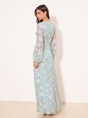 Lipsy Mint Green EID Long Sleeve Floral Burnout Embrodiery Maxi Dress - Image 4 of 4