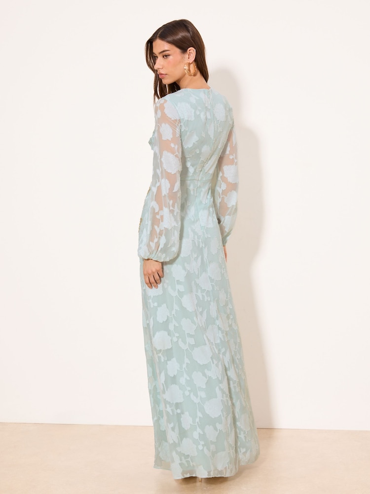 Lipsy Mint Green EID Long Sleeve Floral Burnout Embrodiery Maxi Dress - Image 4 of 4