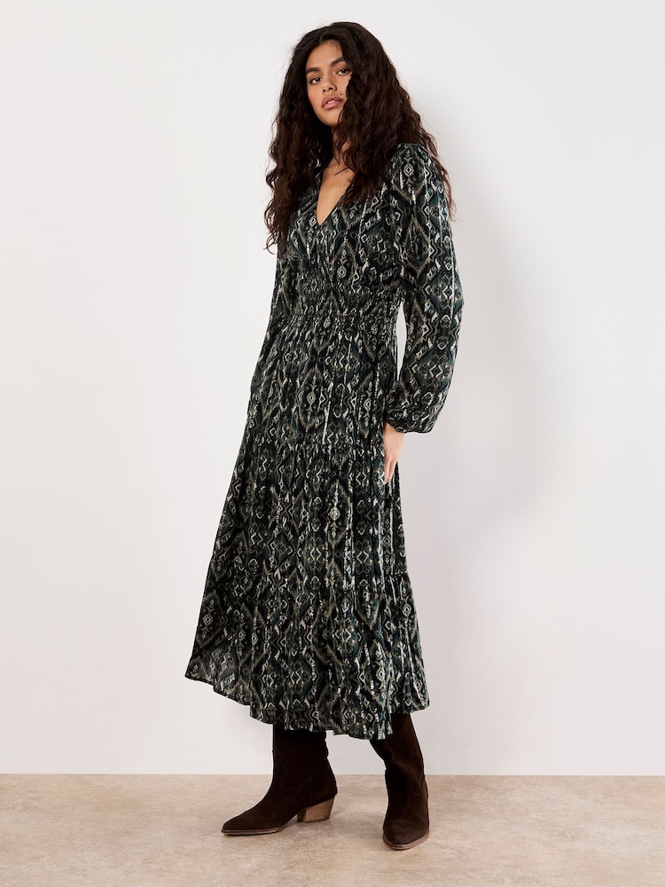 Apricot Green Empire Smock Waist Tiered Dress - Image 1 of 5 Apricot Green Empire Smock Waist Tiered Dress - Image 1 of 5
