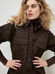 Apricot Brown Leopard Denim Shacket Dress - Image 4 of 4