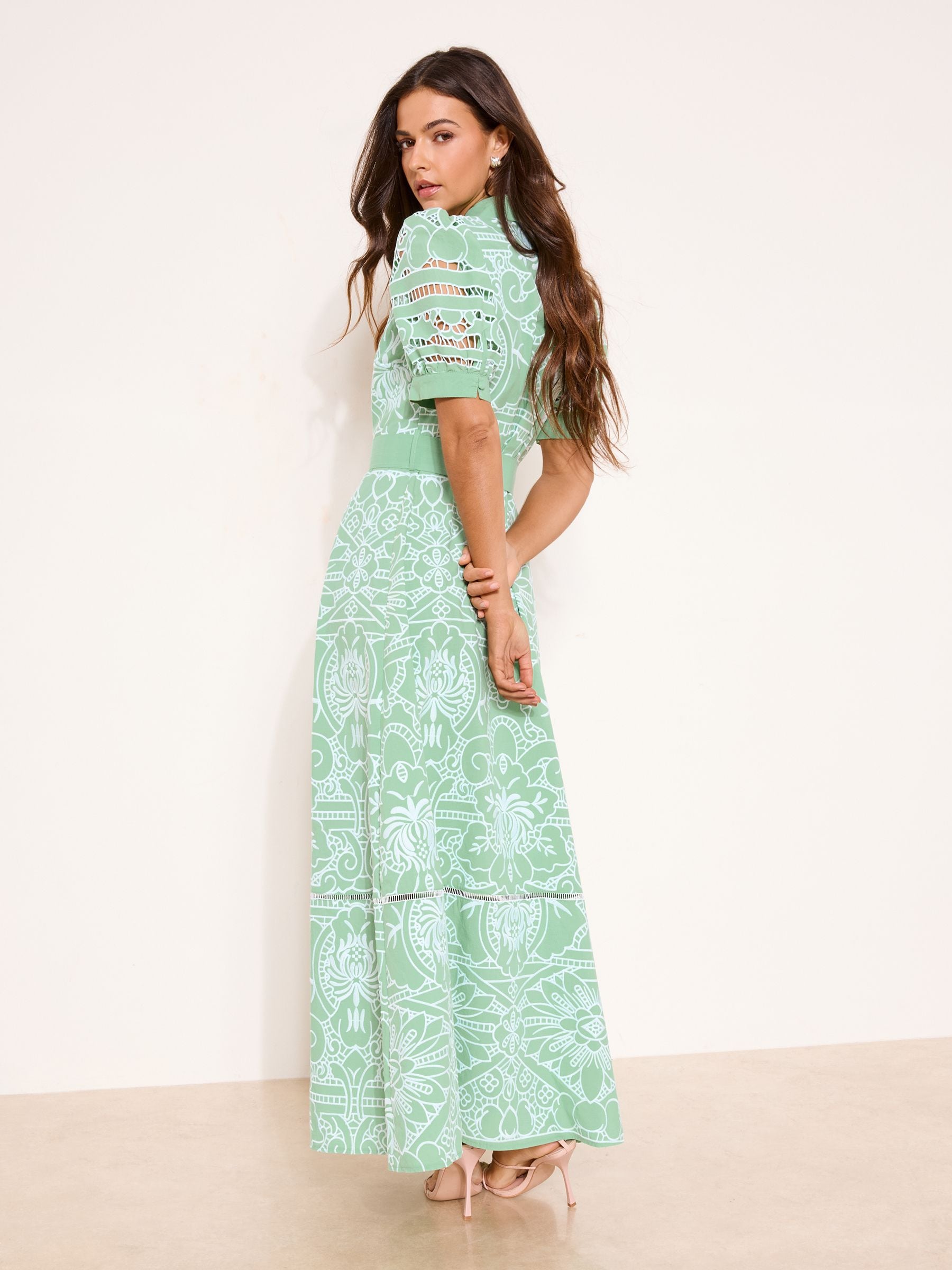 Buy Lipsy Mint Green Petite Premium Belted Puff Sleeve Embroidery