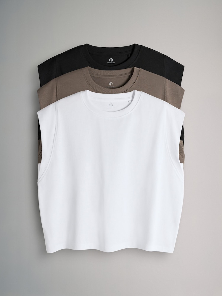 The Set 3 Pack Grown On Ribbed Sleeve T-Shirt Black/Chocolate Brown/White - Image 2 of 6