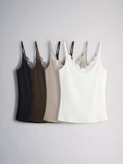 The Set 4 Pack Ribbed Lace Trim Cami Vest Black/Chocolate Brown/Taupe Brown/Cream - Image 2 of 6