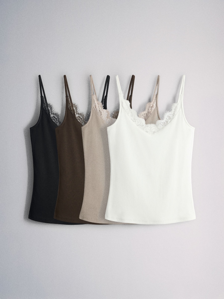 The Set 4 Pack Ribbed Lace Trim Cami Vest Black/Chocolate Brown/Taupe Brown/Cream - Image 2 of 6