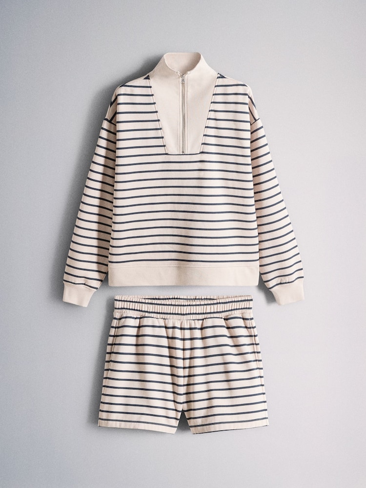 The Set 2 Pack Funnel Neck Quarter Zip and Short Co-Ord Ecru/Navy Stripe - Image 6 of 6