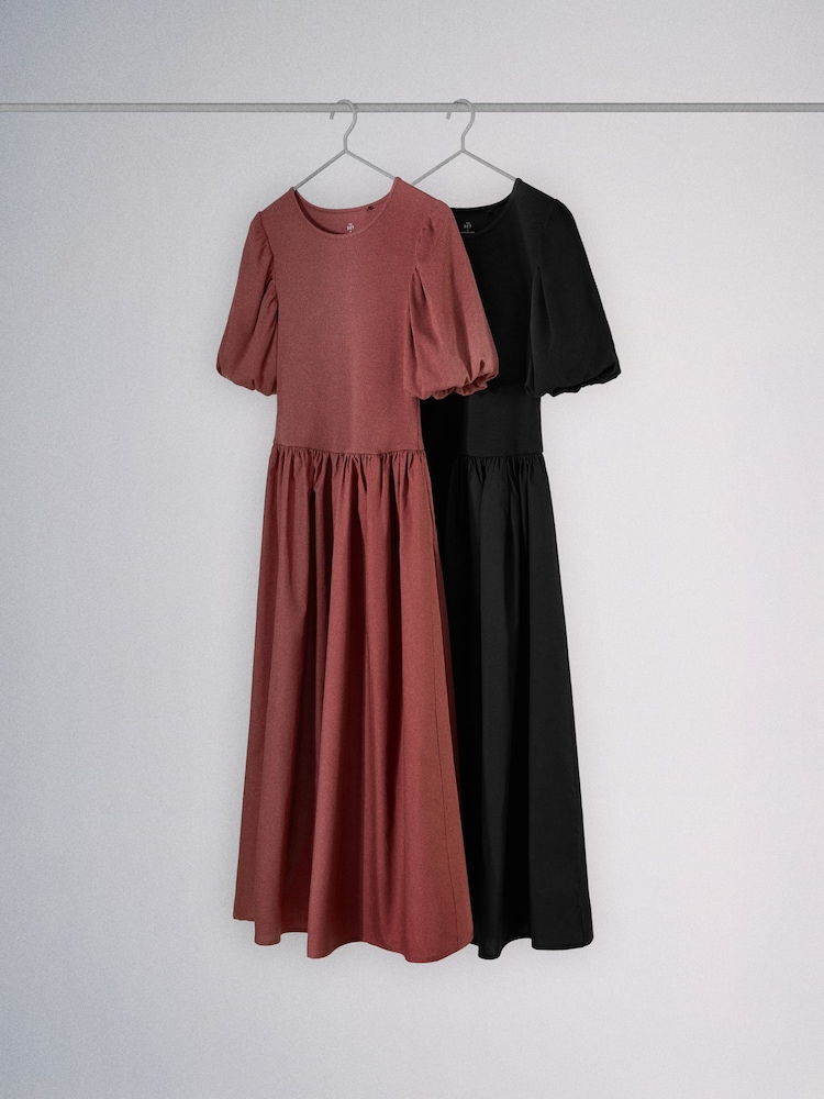 The Set 2 Pack Maxi Puff Sleeve Dress Black/Brick Red - Image 1 of 3