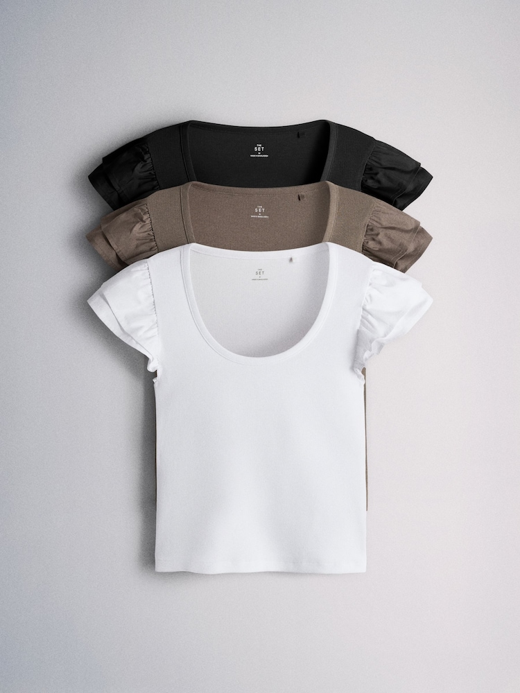 The Set 3 Pack Frill Sleeve Ribbed Tops Black/White/Neutral - Image 1 of 6