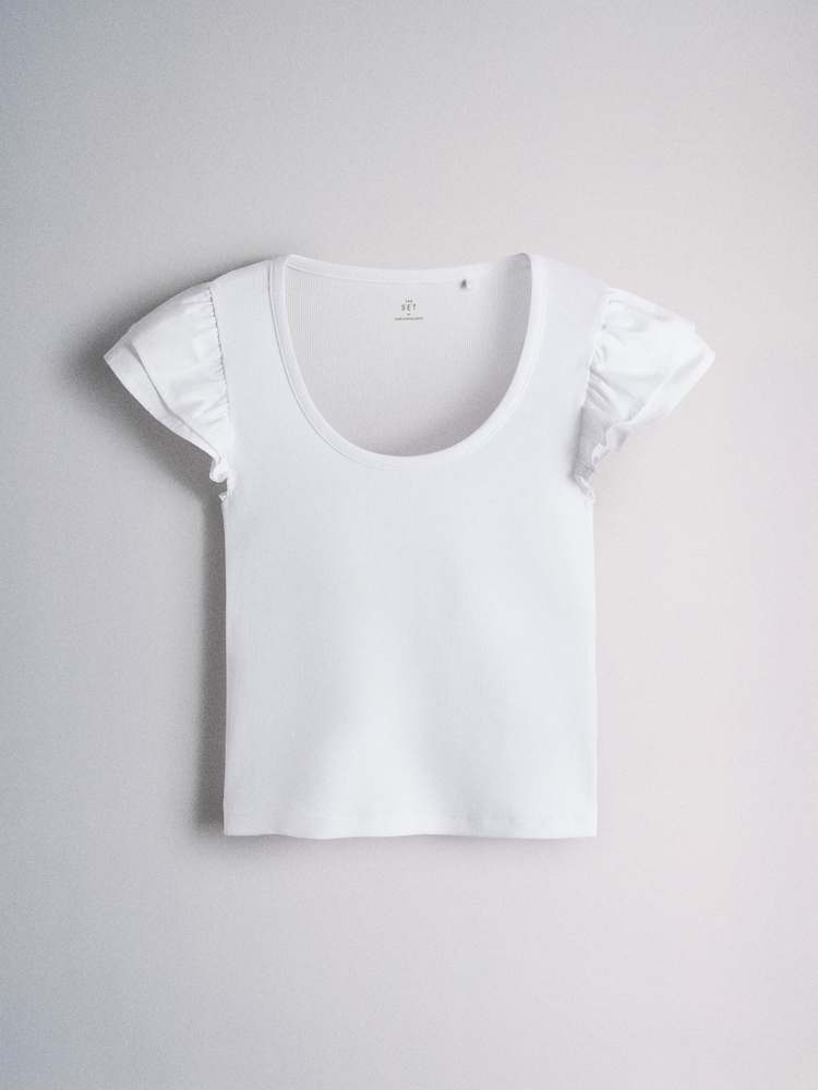 The Set 3 Pack Frill Sleeve Ribbed Tops Black/White/Neutral - Image 2 of 6