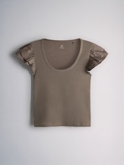 The Set 3 Pack Frill Sleeve Ribbed Tops Black/White/Neutral - Image 3 of 6