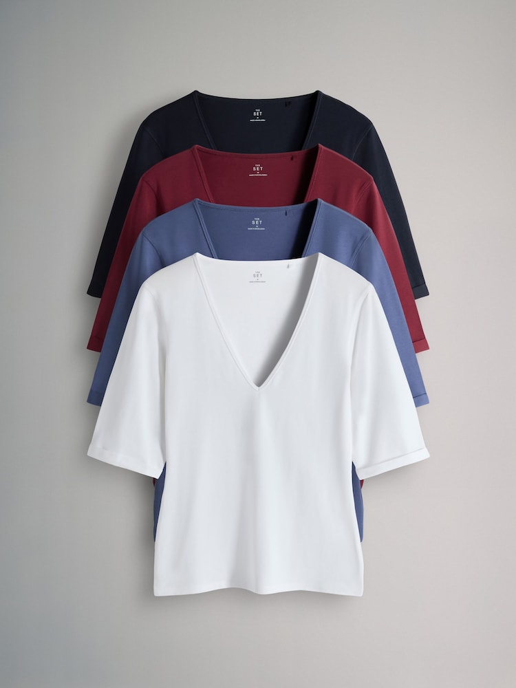 The Set 4 Pack V-Neck Turn Up Sleeve T-Shirt Navy/Blue/Red/White - Image 2 of 6 The Set 4 Pack V-Neck Turn Up Sleeve T-Shirt Navy/Blue/Red/White - Image 2 of 6