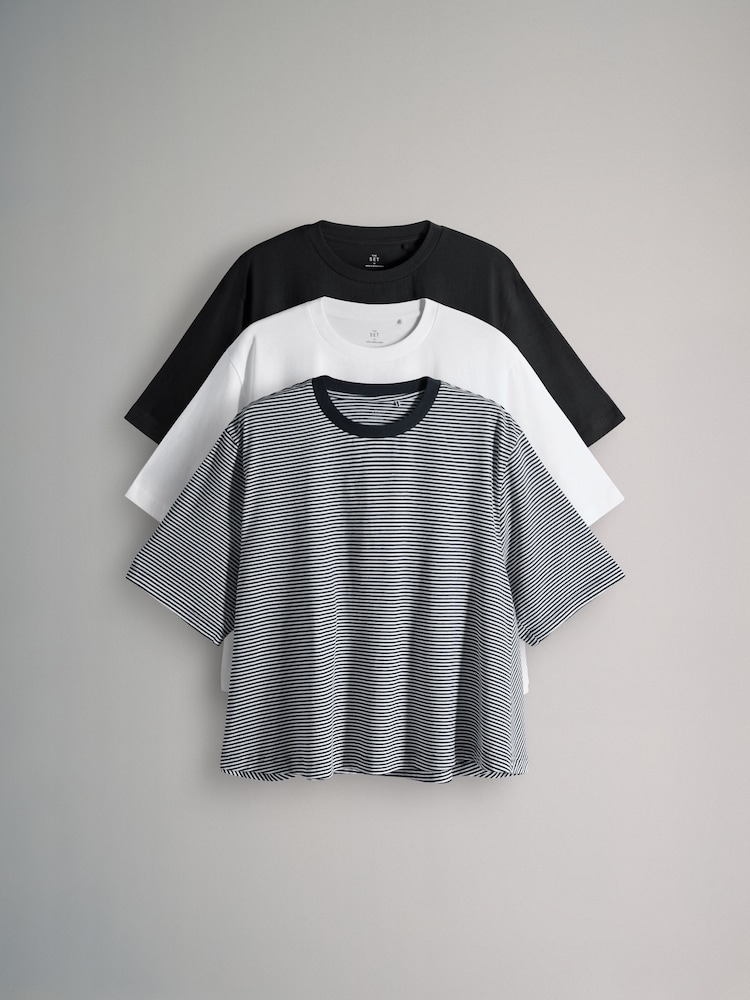 The Set 3 Pack Crew Neck Short Sleeve Swing T-Shirt Black/White/Stripe - Image 2 of 6