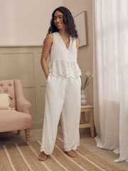 Laura Ashley Cream Embroidered Detail Cotton Pyjamas Set - Image 1 of 5