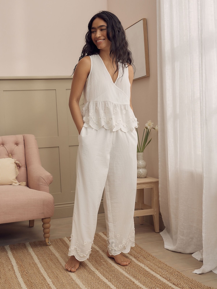 Laura Ashley Cream Embroidered Detail Cotton Pyjamas Set - Image 1 of 5 Laura Ashley Cream Embroidered Detail Cotton Pyjamas Set - Image 1 of 5